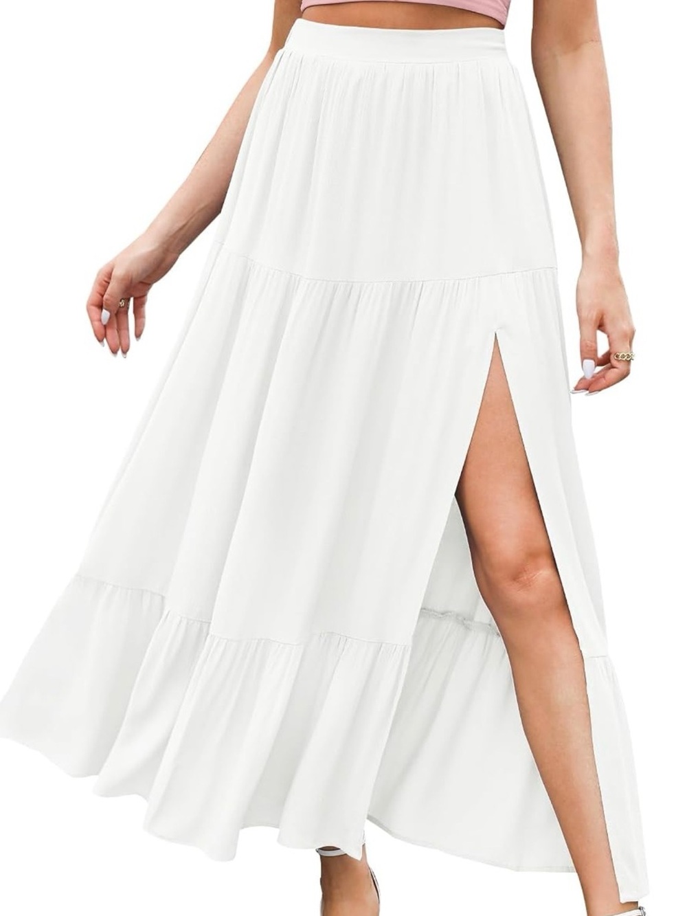 White Tiered Maxi Skirt with High Side Slit
